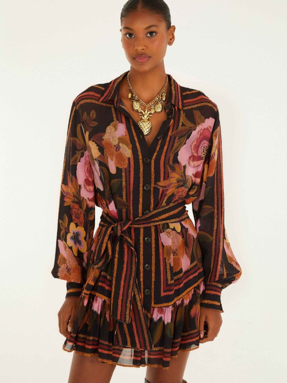 Farm Rio Black Chenille Flowers Belted Long Sleeve Mini Dress XS
